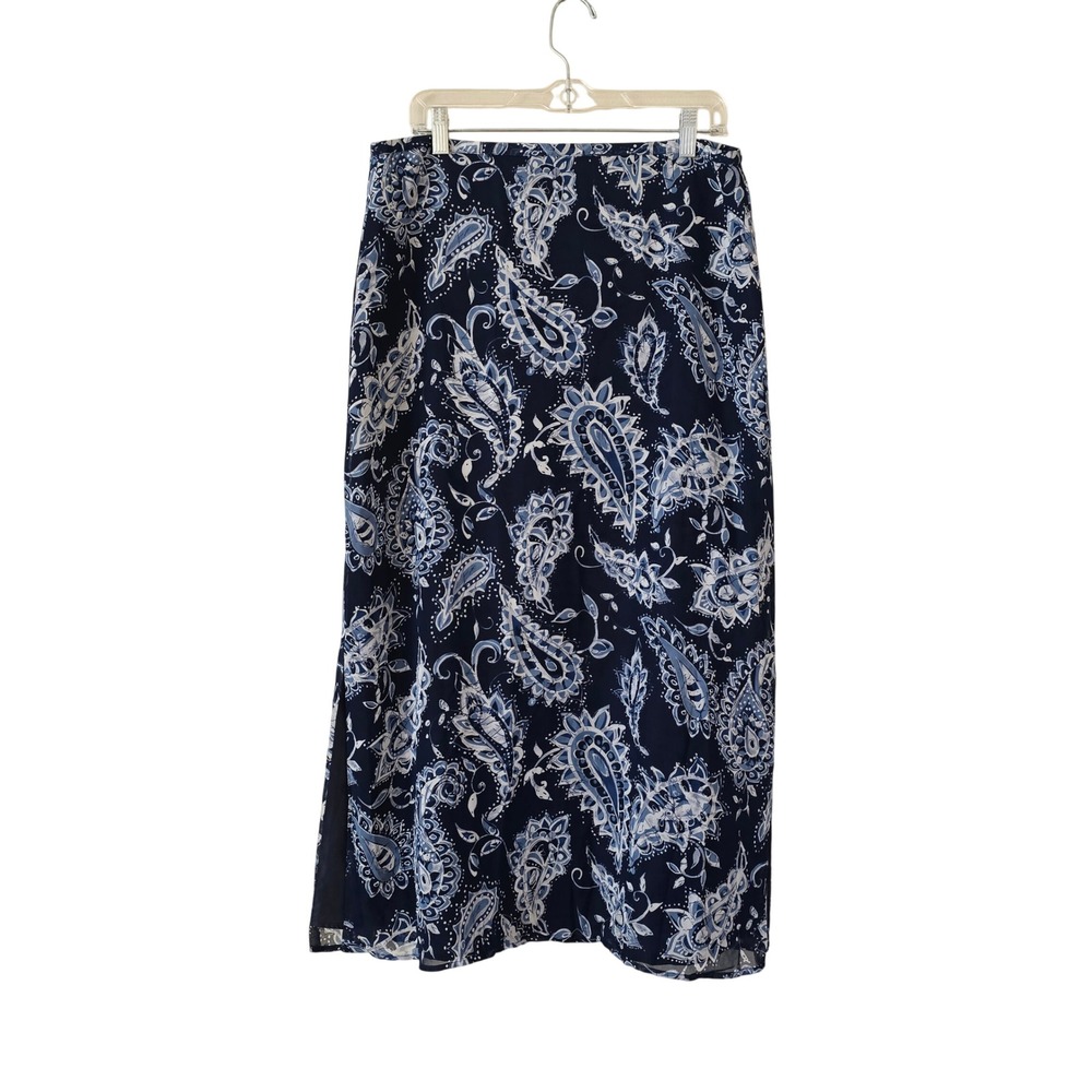 California Style 100% Silk Paisley Midi Skirt Navy Blue White Size 12